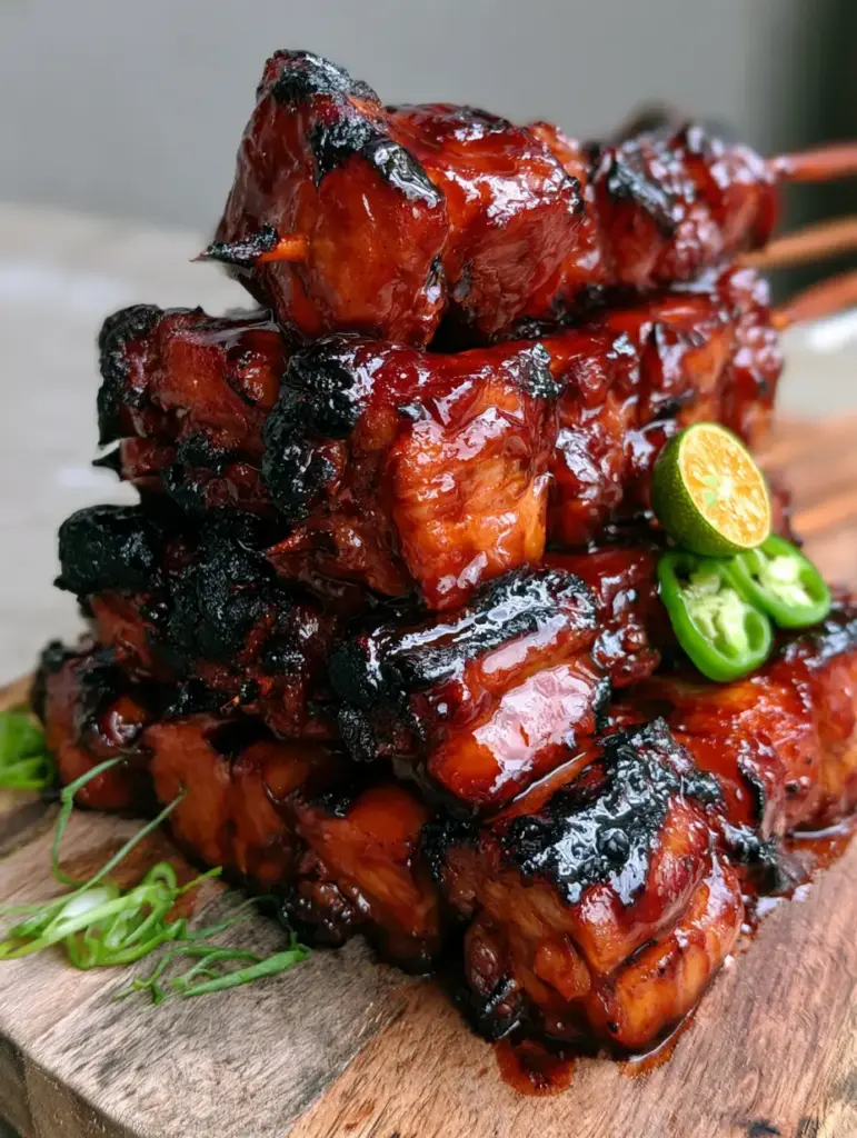 Filipino Chicken Barbecue: The Ultimate Sticky Mahogany Street Food Skewers 1 Handheld photo of chicken skewers garnished with scallions and red Thai chilis.