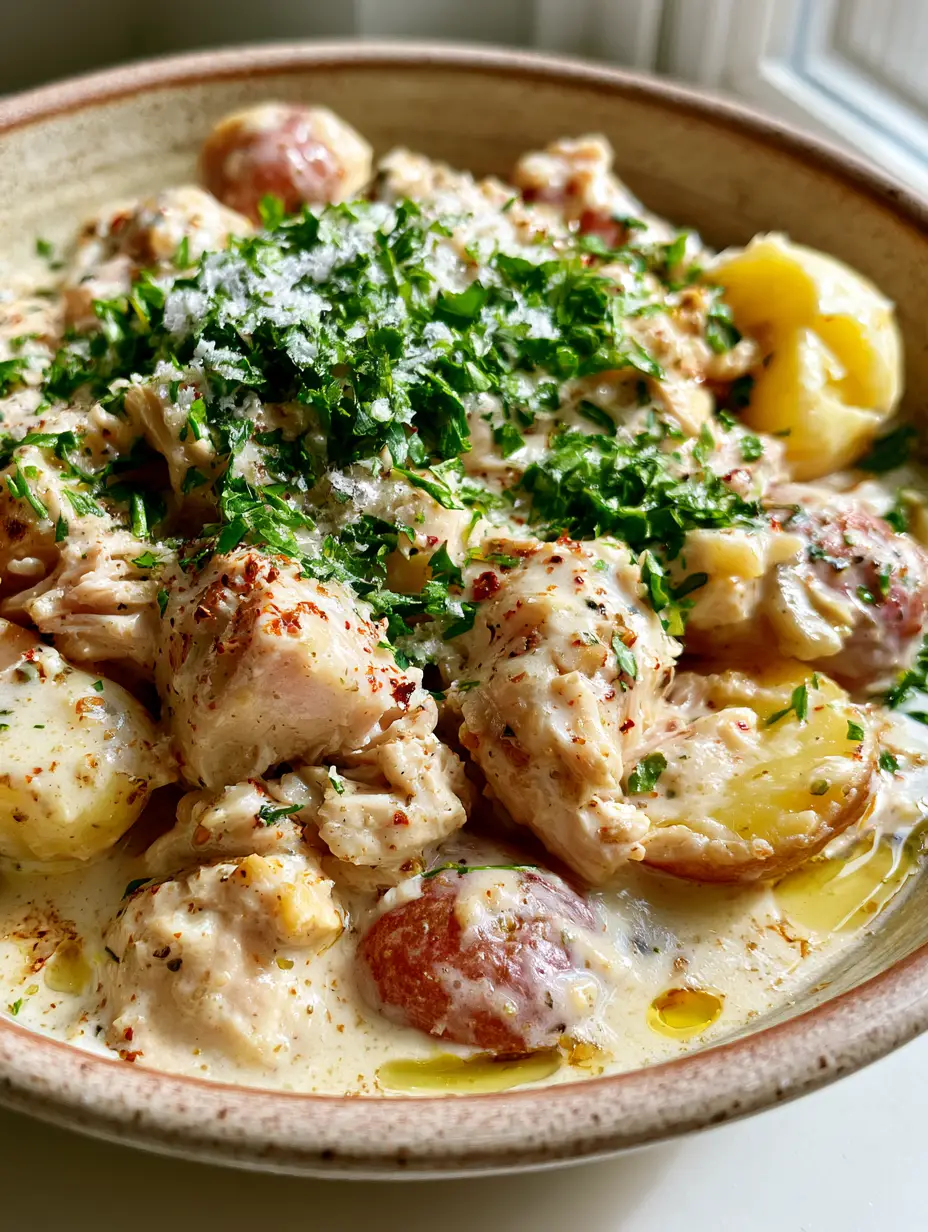 Crockpot Meals: Creamy Garlic Parmesan Chicken and Potatoes 3 Close-up of shredded chicken in a glossy white sauce with green parsley for crockpot meals.