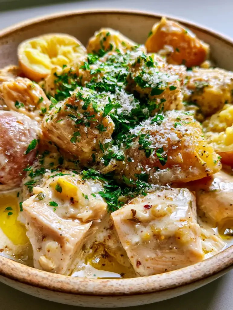 Crockpot Meals: Creamy Garlic Parmesan Chicken and Potatoes 1 A handheld smartphone photo of a rustic bowl filled with garlic parmesan chicken and potatoes.