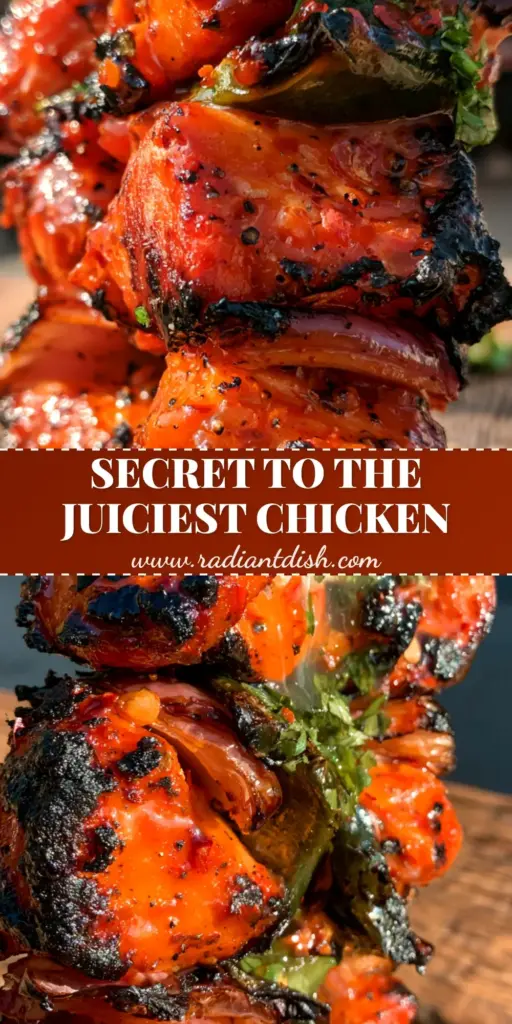 Mexican Barbecue Chicken Skewers with Smoky Chili-Lime Glaze 3 A stack of glistening Mexican barbecue chicken skewers with charred edges, sticky red-orange glaze, and fresh cilantro on a rustic wooden table.