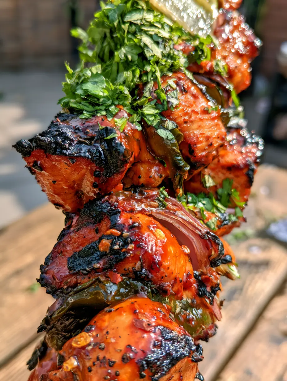 Mexican Barbecue Chicken Skewers with Smoky Chili-Lime Glaze 4 Close up of mexican barbecue chicken skewers held in hand, showing thick red-orange glaze, red chili flakes, and blackened poblano peppers.