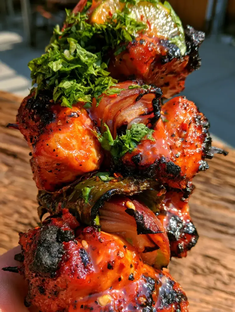 Mexican Barbecue Chicken Skewers with Smoky Chili-Lime Glaze 1 Handheld photo of Mexican barbecue chicken skewers against a blurred patio background, highlighting lime juice droplets and fresh cilantro.
