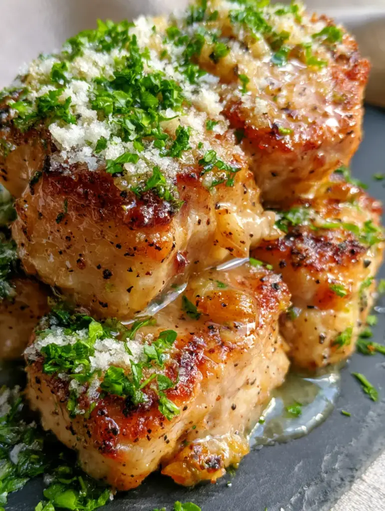 Garlic Parmesan Chicken Skewers with Glistening Garlic Butter Glaze 2 Macro shot of deeply seared golden-brown chicken cubes with glistening garlic butter and fresh parsley scatter. (Garlic Parmesan Chicken Skewers)
