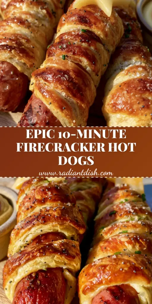 A stack of three Firecracker Hot Dogs on a rustic wooden platter with cheese stars and poppy seed garnish. (Firecracker Hot Dogs Recipe)