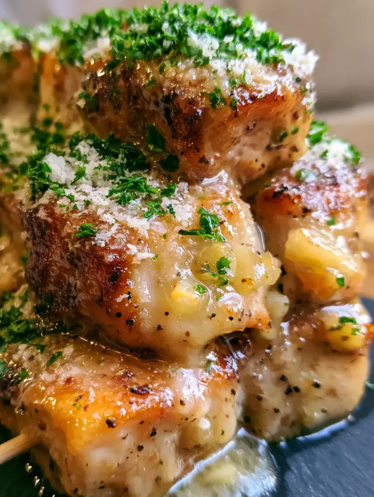 Garlic Parmesan Chicken Skewers with Glistening Garlic Butter Glaze 1 A close-up view of the translucent garlic butter glaze dripping off seared chicken skewers coated in snowy parmesan. (Garlic Parmesan Chicken Skewers)