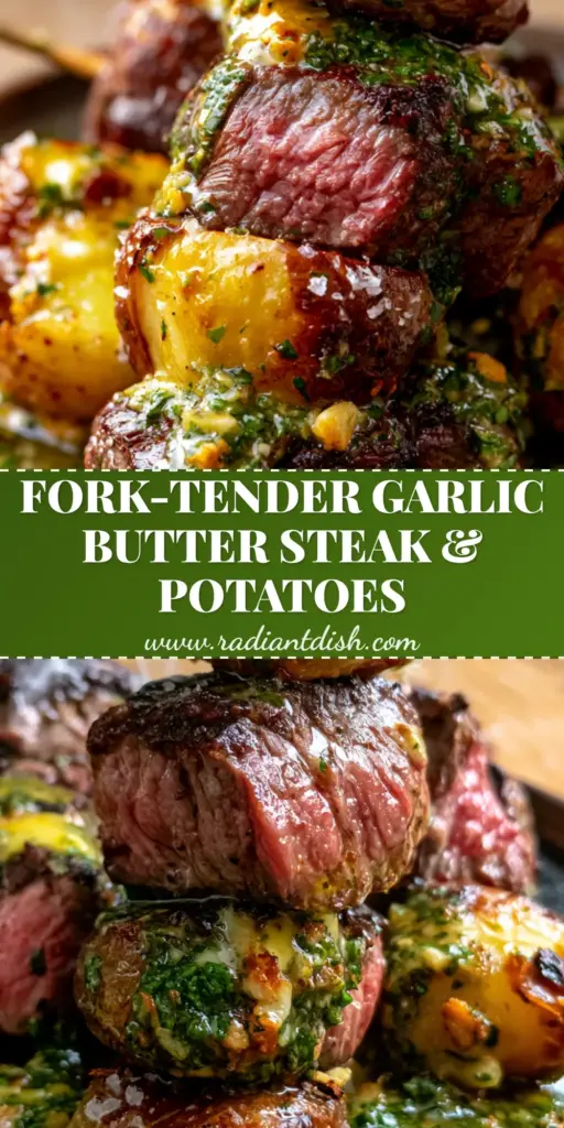 Beef Kabobs with Garlic Herb Butter and Crispy Yukon Gold Potatoes 3 Stacked beef kabobs featuring seared ribeye and crispy Yukon Gold potatoes drenched in garlic herb butter on a rustic plate. (beef kabobs)