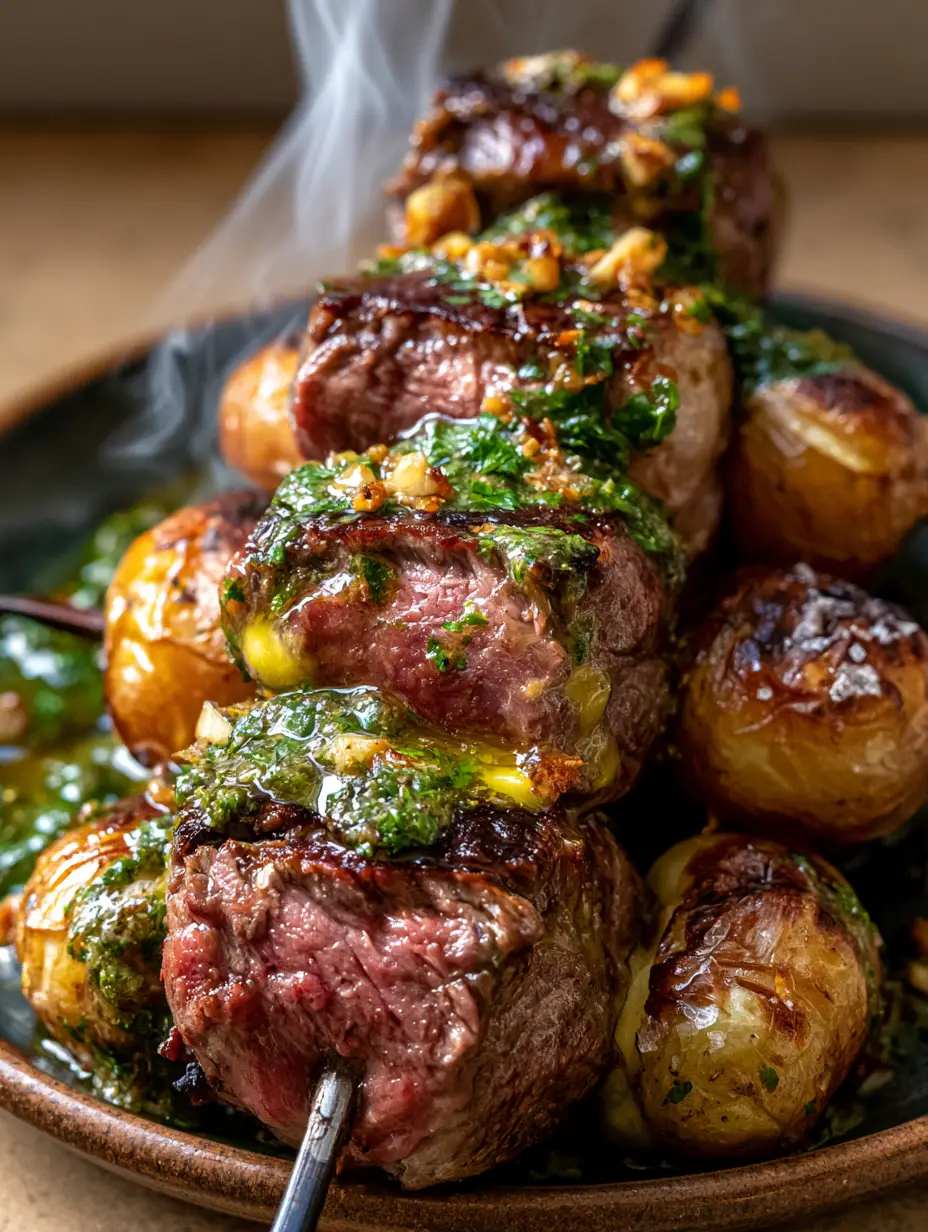 Beef Kabobs with Garlic Herb Butter and Crispy Yukon Gold Potatoes 4 Macro shot of beef kabobs with mahogany crust steak and blistered potatoes with herb butter. (beef kabobs)
