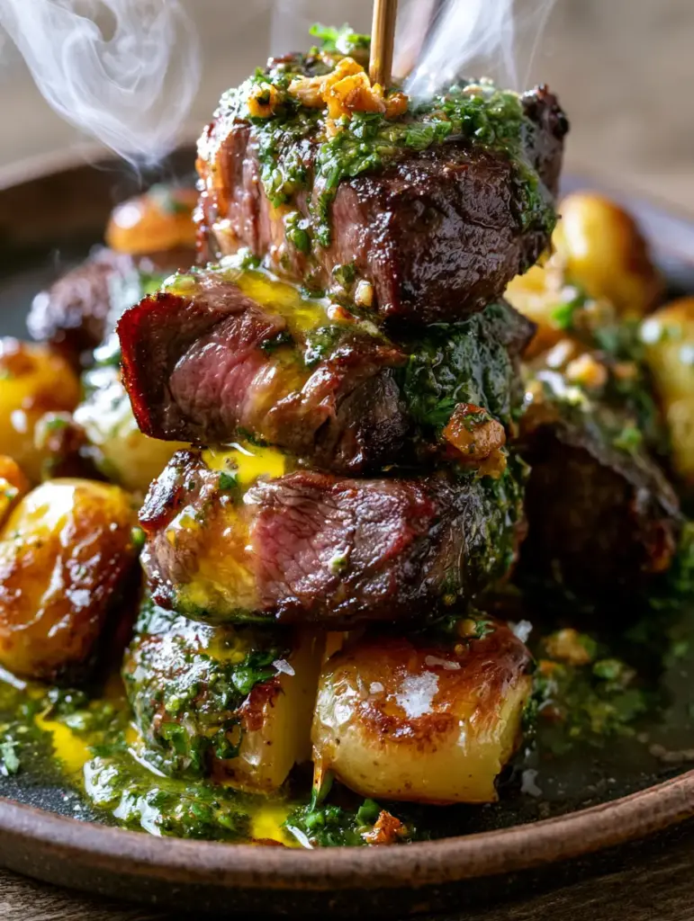 Beef Kabobs with Garlic Herb Butter and Crispy Yukon Gold Potatoes 1 Close up of steak and potato skewers showing toasted garlic bits and fresh parsley glaze.