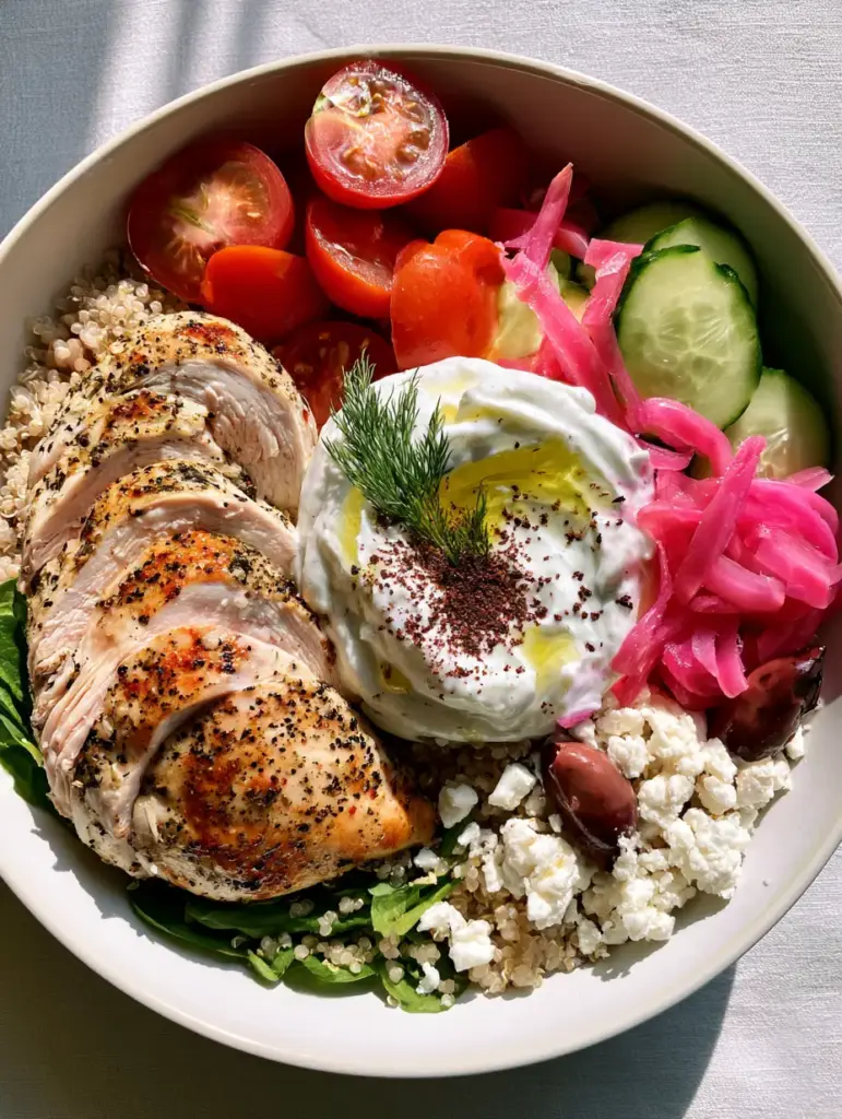Healthy Summer Dinner Recipes: The Ultimate Mediterranean Chicken Power Bowl 2 Close-up of seared lemon-herb chicken breast with golden-brown sear marks on a bed of spinach. (healthy summer dinner recipes)