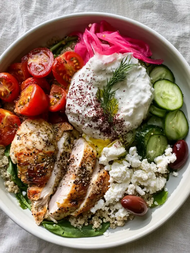 Healthy Summer Dinner Recipes: The Ultimate Mediterranean Chicken Power Bowl 1 A top-down view of a Mediterranean bowl featuring bright pink pickled onions, feta, and creamy tzatziki.