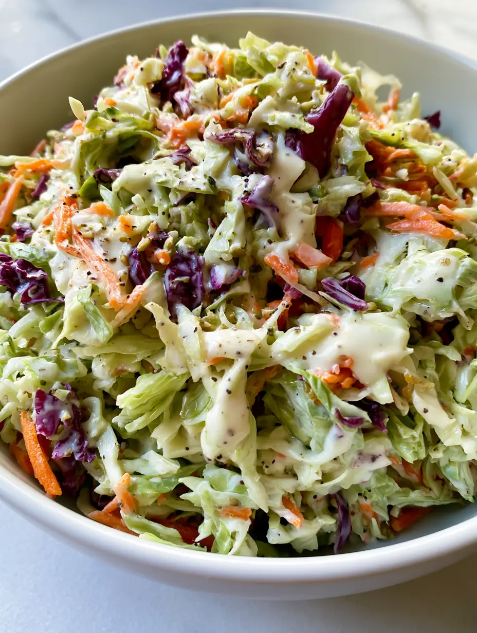 Coleslaw recipe: The Ultimate Southern Buttermilk Slaw 3 Close up shot of shredded green and purple cabbage coated in thick white dressing with celery seeds. (Coleslaw recipe)