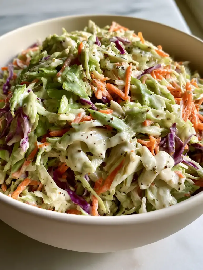Coleslaw recipe: The Ultimate Southern Buttermilk Slaw 1 Overhead view of a matte white bowl overflowing with vibrant coleslaw on a marble background.