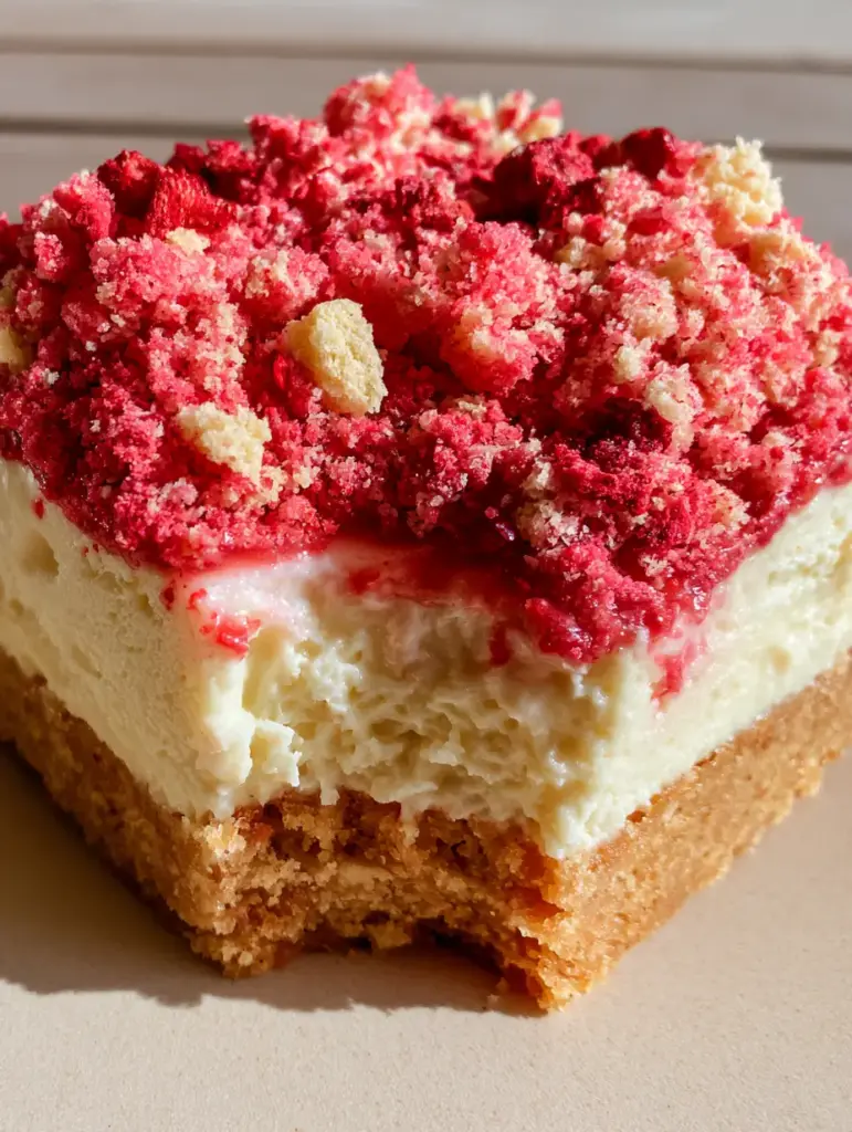 Strawberry Crunch Bars with Velvety Cream Cheese Filling 1 A minimalist plating of strawberry crunch bars on a wooden picnic table in soft daylight. (strawberry crunch bars)