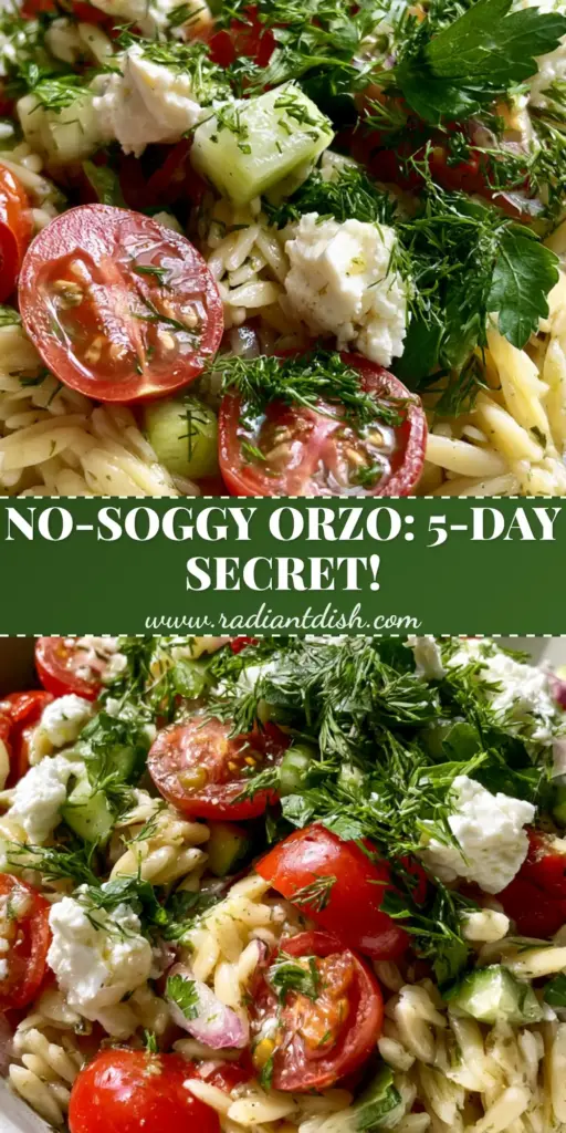 Orzo Pasta Salad with Lemon Herb Vinaigrette and Feta 4 A vibrant Orzo Pasta Salad in a white bowl featuring heirloom tomatoes, cucumbers, and feta chunks. (Orzo Pasta Salad)