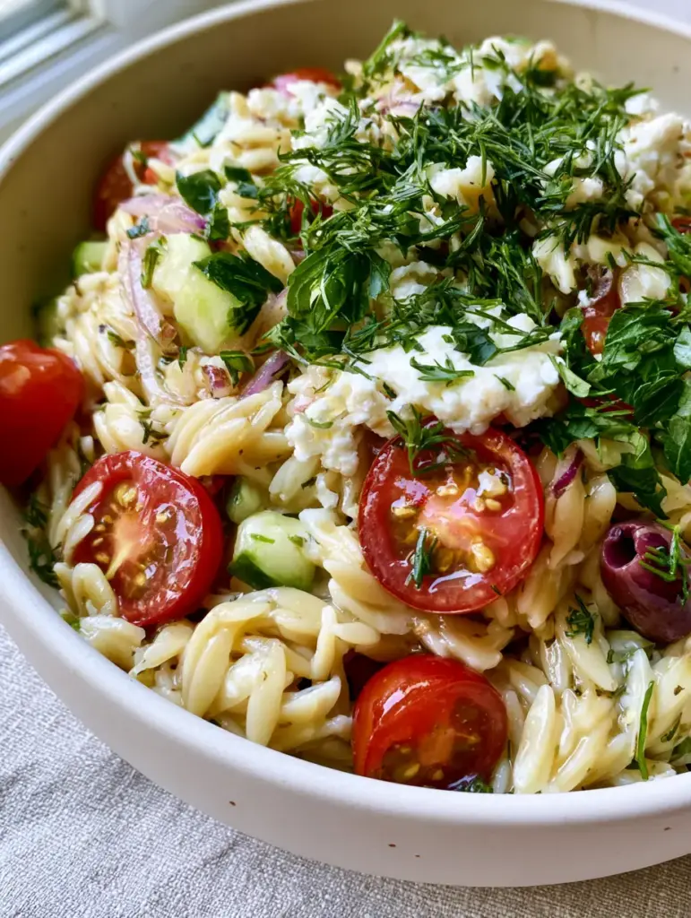 Orzo Pasta Salad with Lemon Herb Vinaigrette and Feta 2 Macro shot of glossy orzo pasta salad grains with fresh dill and heirloom tomatoes. (Orzo Pasta Salad)