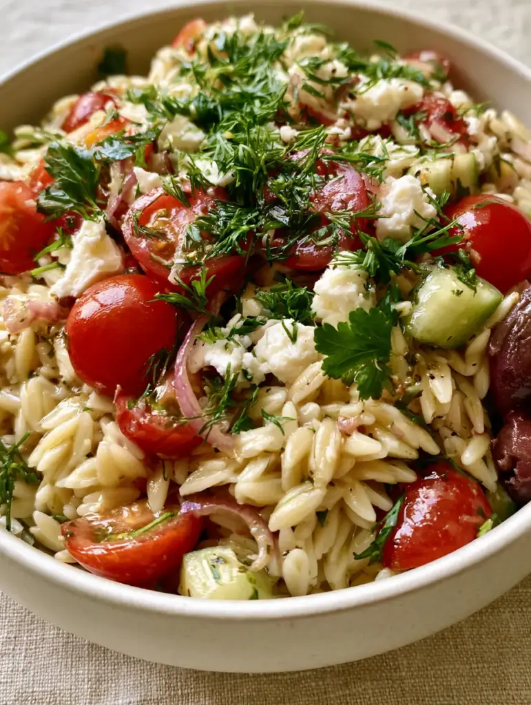 Orzo Pasta Salad with Lemon Herb Vinaigrette and Feta 1 Overhead view of a Mediterranean Orzo Salad bowl with sliced olives and red onion. (Orzo Pasta Salad)