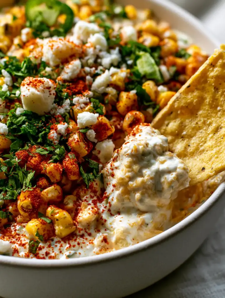 Mexican street corn dip: The Ultimate Creamy Elote Appetizer 2 Extreme macro view of creamy Mexican street corn dip showing textures of melted cheese and charred corn. (Mexican street corn dip)