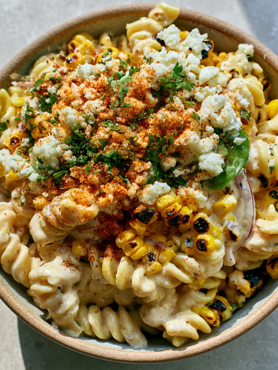 Close-up of rotini pasta coated in ivory lime crema with charred corn kernels and Tajin seasoning. (Grilled Corn Elote Pasta Salad)