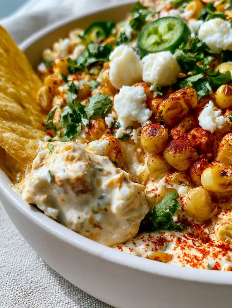 Mexican street corn dip: The Ultimate Creamy Elote Appetizer 1 A crunchy corn tortilla chip lifting a thick scoop of Mexican street corn dip with vibrant red chili and green cilantro.