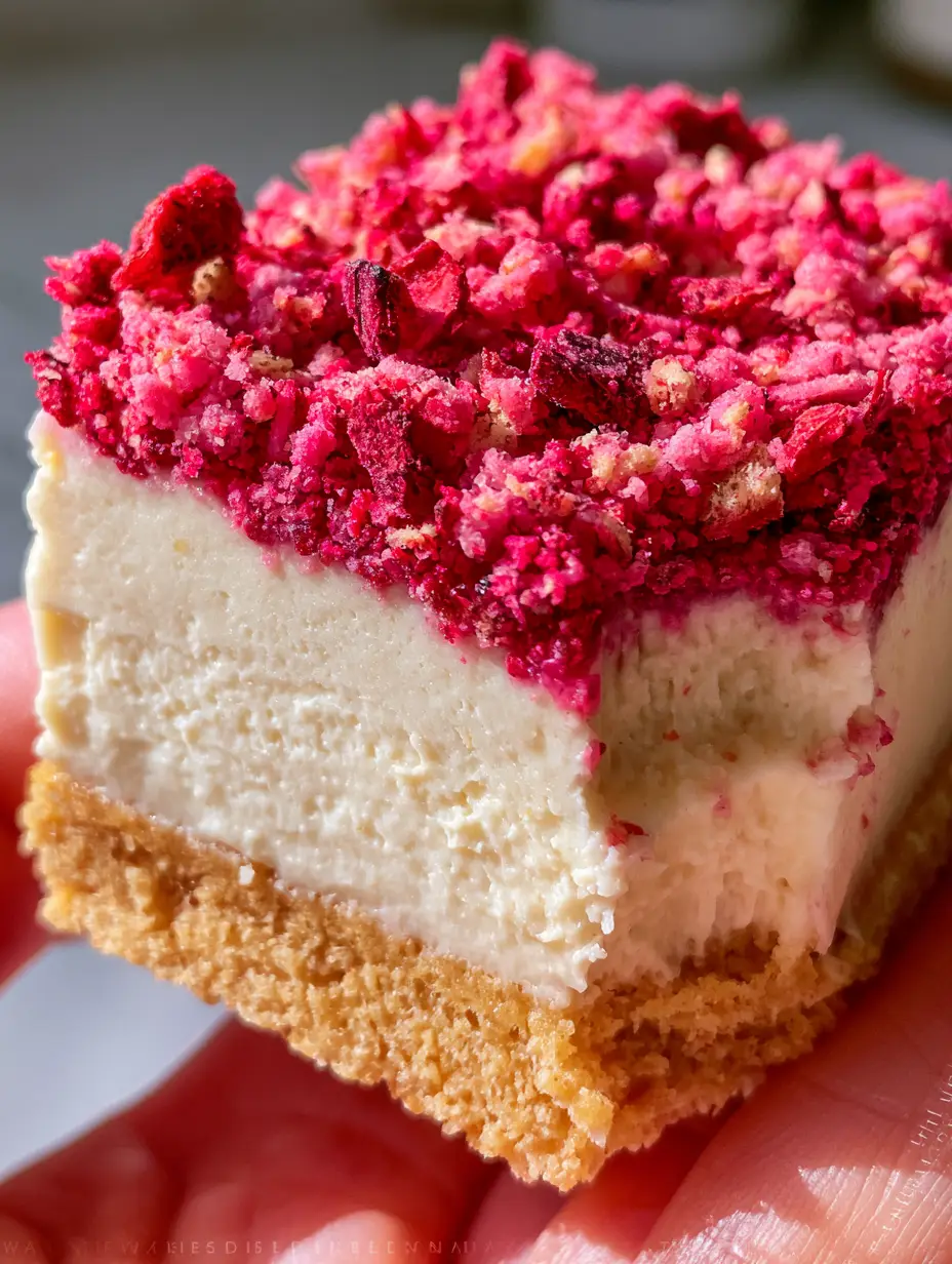 Strawberry Shortcake Bars with a Compressed Golden Oreo Crust 4 Macro side-view cross-section of strawberry shortcake bars showing the dense cream and compressed cookie crust. (strawberry shortcake bars)