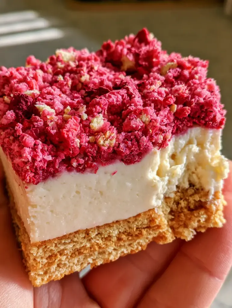 Strawberry Shortcake Bars with a Compressed Golden Oreo Crust 1 A handheld photo of a strawberry shortcake bar with a bite taken out, revealing the creamy interior. (strawberry shortcake bars)