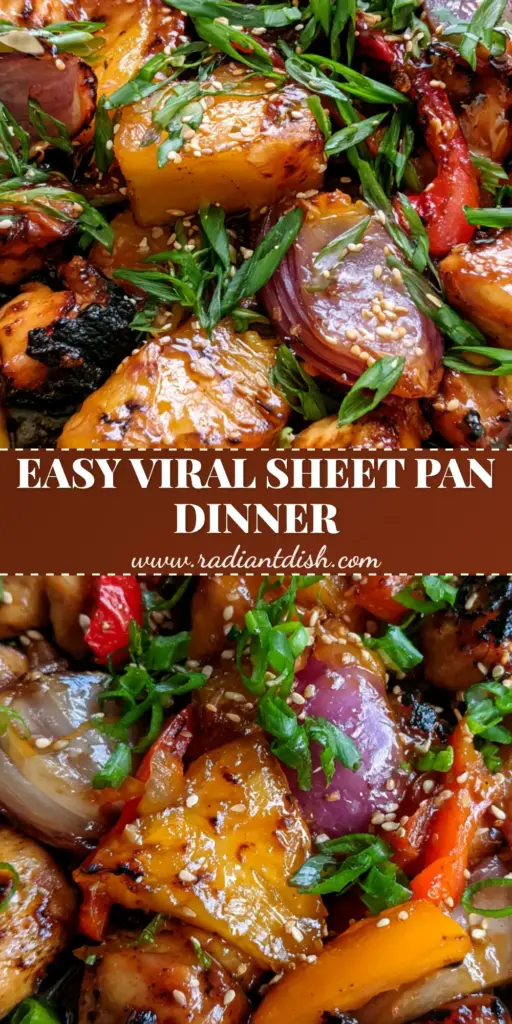 Hawaiian Chicken with Sticky Amber Glaze and Grilled Pineapple 4 A top-down view of a baking sheet filled with Hawaiian chicken, blistered red peppers, and grilled pineapple chunks over jasmine rice.