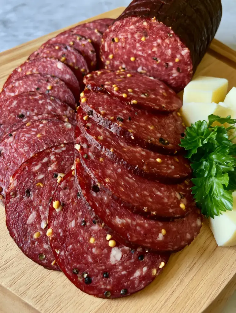 Beef Summer Sausage: The Ultimate Homemade Deli-Style Recipe 2 Macro top-down shot of sliced beef summer sausage showing dense texture, peppercorns, and yellow mustard seeds on light marble.