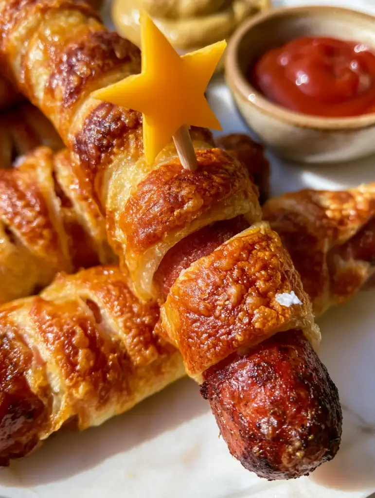Firecracker Hot Dogs: The Ultimate Patriotic BBQ Skewer Recipe 1 A handheld photo showing a platter of firecracker hot dogs with a cheddar star skewer and side of mustard. (Firecracker hot dogs)