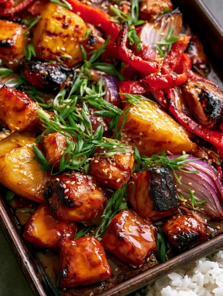Hawaiian Chicken with Sticky Amber Glaze and Grilled Pineapple 1 A rustic dark-toned baking sheet containing Hawaiian chicken, blistered bell peppers, and softened red onion wedges.