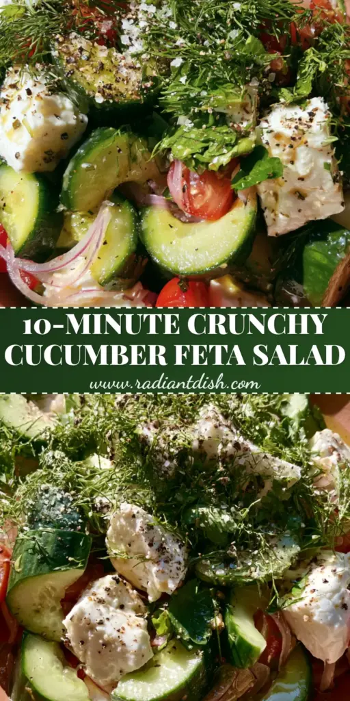 A stunning Cucumber Feta Salad in a terracotta bowl with crescent-cut cucumbers, large white feta chunks, and fresh dill garnish.