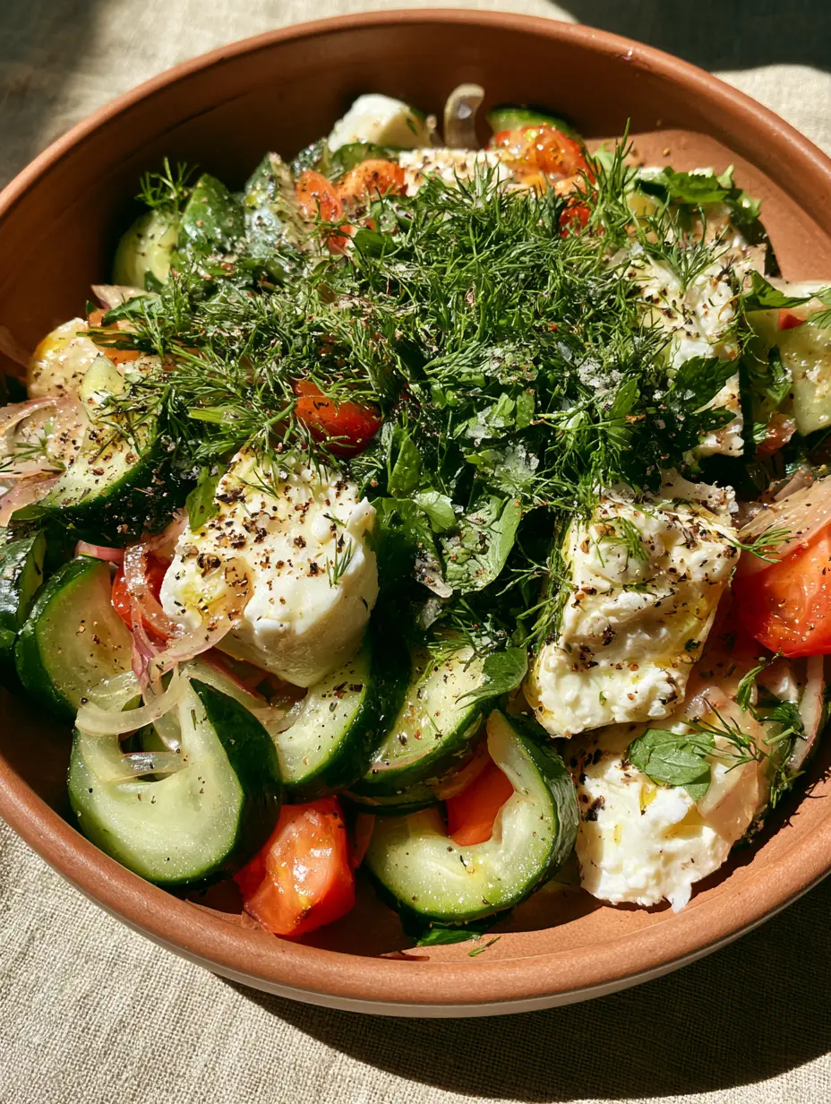 Top-down view of Cucumber Feta Salad showing the glossy lemon-herb vinaigrette and rustic feta chunks.