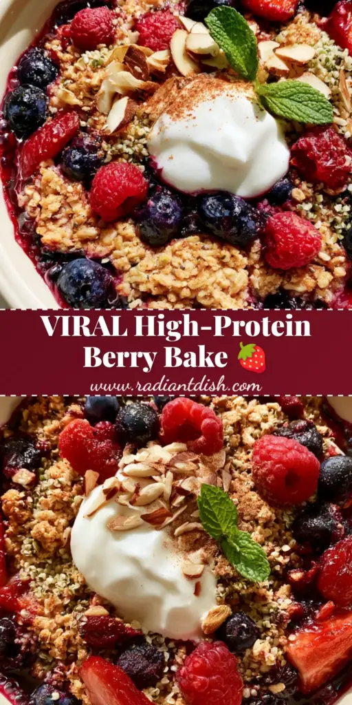 A top-down aesthetic shot of a High Protein Triple Berry Bake in a matte cream dish with bubbling juices and a yogurt dollop.