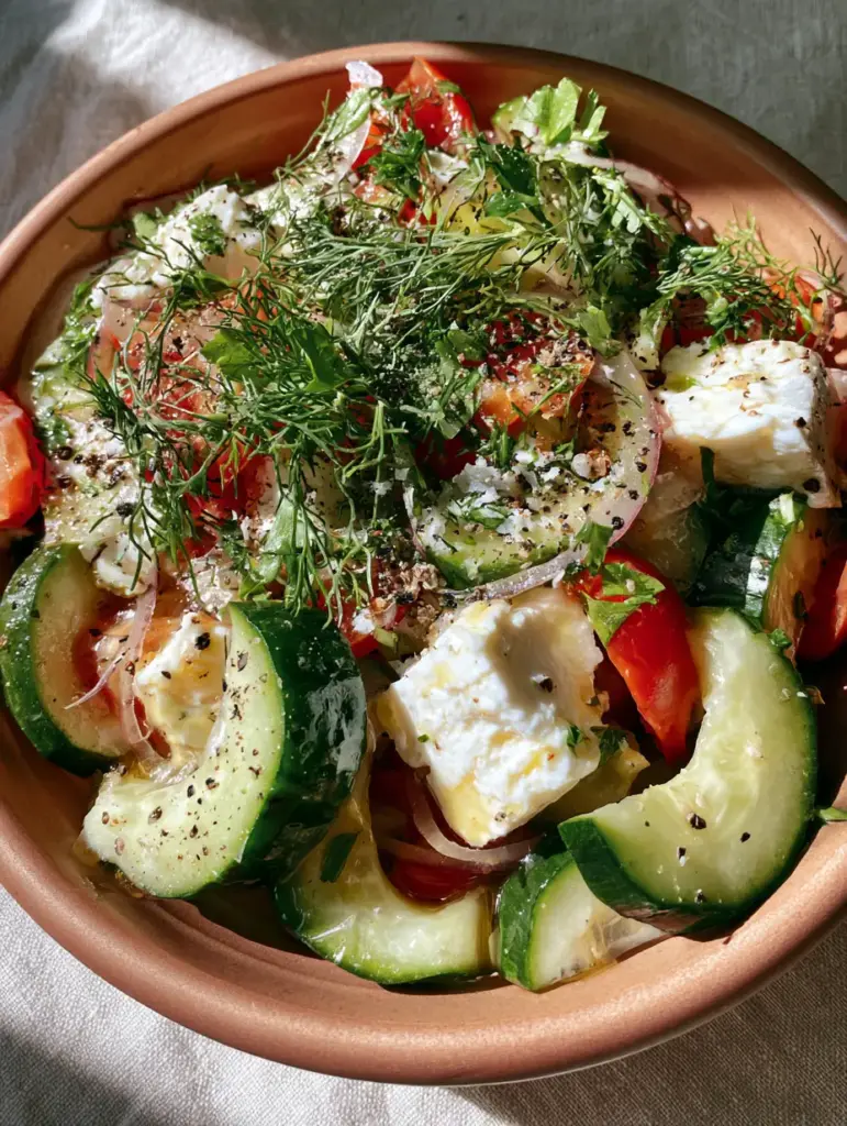 Detailed shot of crescent-cut English cucumbers and translucent red onions in a matte terracotta bowl.