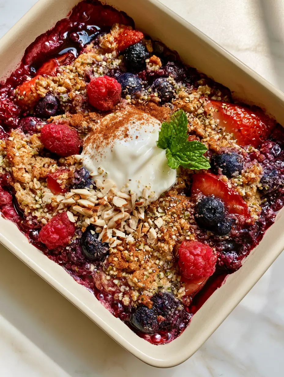 Close up of the Triple Berry Bake showing bursting blueberries and golden toasted oats.