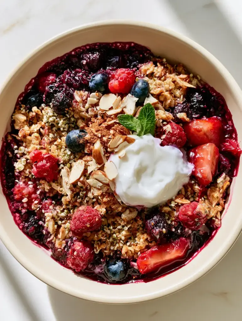 Top-down view of the completed Triple Berry Bake with a Greek yogurt dollop and mint garnish.
