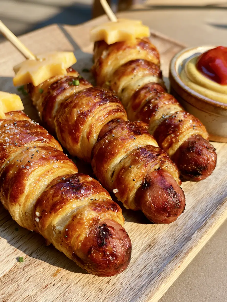 Macro close-up of a Firecracker Hot Dog showing visible flaky crescent dough layers and grill marks. (Firecracker Hot Dogs Recipe)