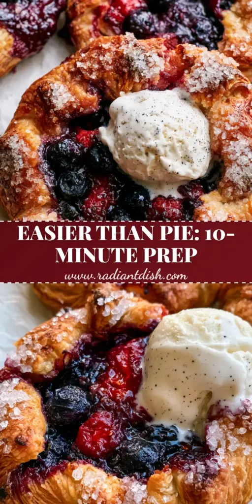 Mini Summer Berry Galettes with Flaky Pastry and Vanilla Bean Ice Cream 4 A smartphone photo of three mini summer berry galettes on parchment paper with bubbling blueberries and melting vanilla bean ice cream.