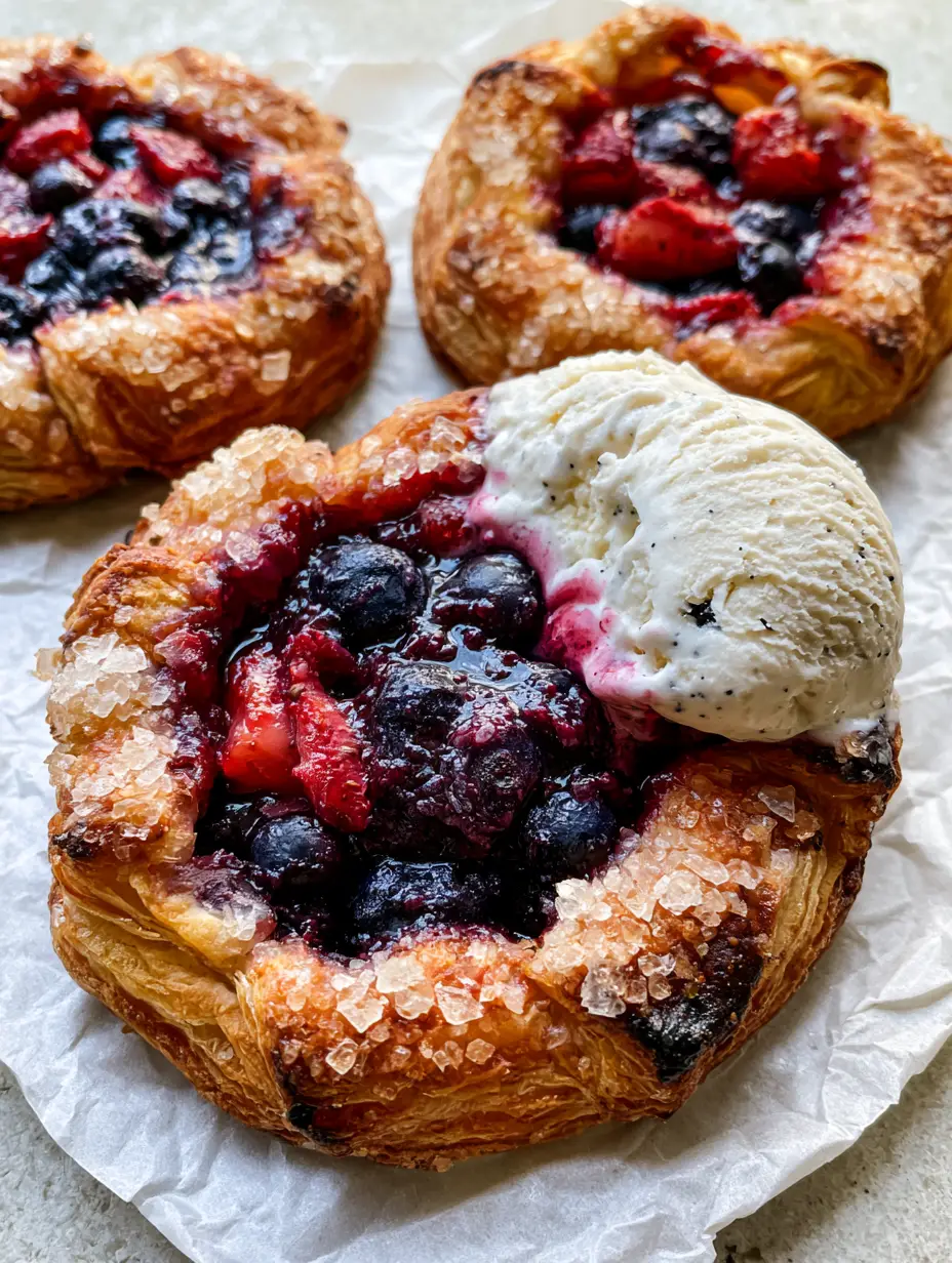 Mini Summer Berry Galettes with Flaky Pastry and Vanilla Bean Ice Cream 3 Close up of mini summer berry galettes showing the charred sugar edges and glossy fruit glaze.