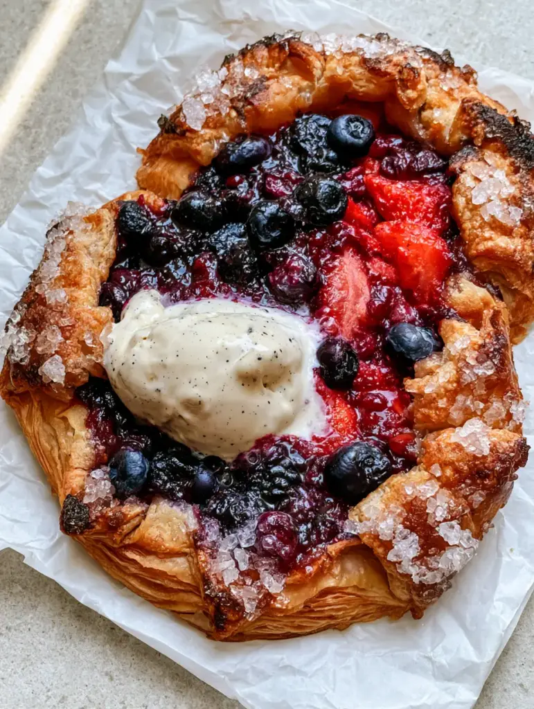 Mini Summer Berry Galettes with Flaky Pastry and Vanilla Bean Ice Cream 1 Mini summer berry galettes with melting vanilla bean ice cream and black specks.