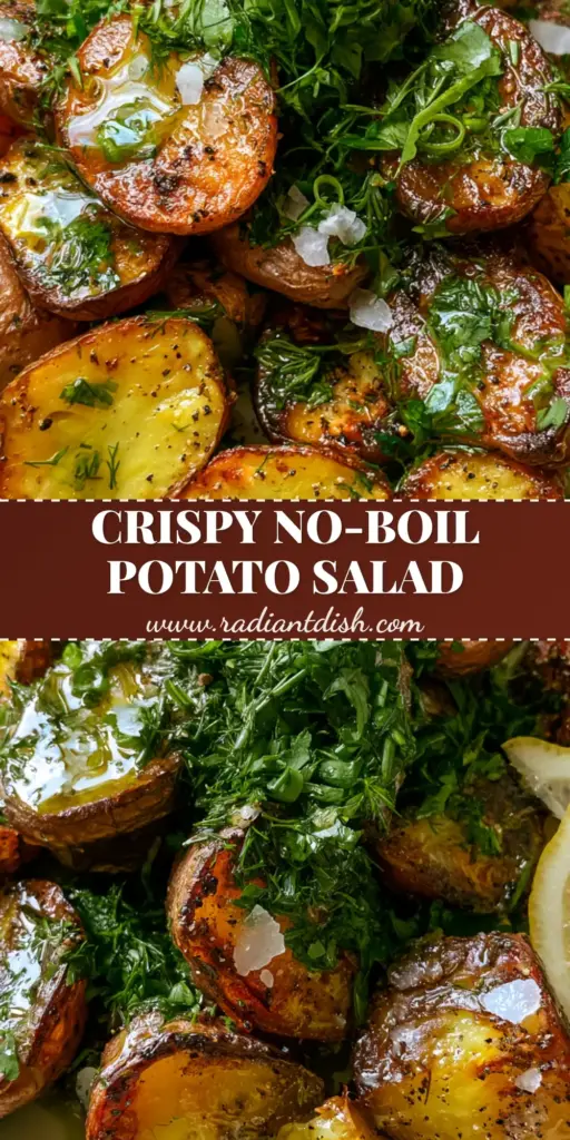 A mound of crispy roasted red potato halves with fresh herbs and lemon slices on a matte plate. (Roasted potato salad recipe)