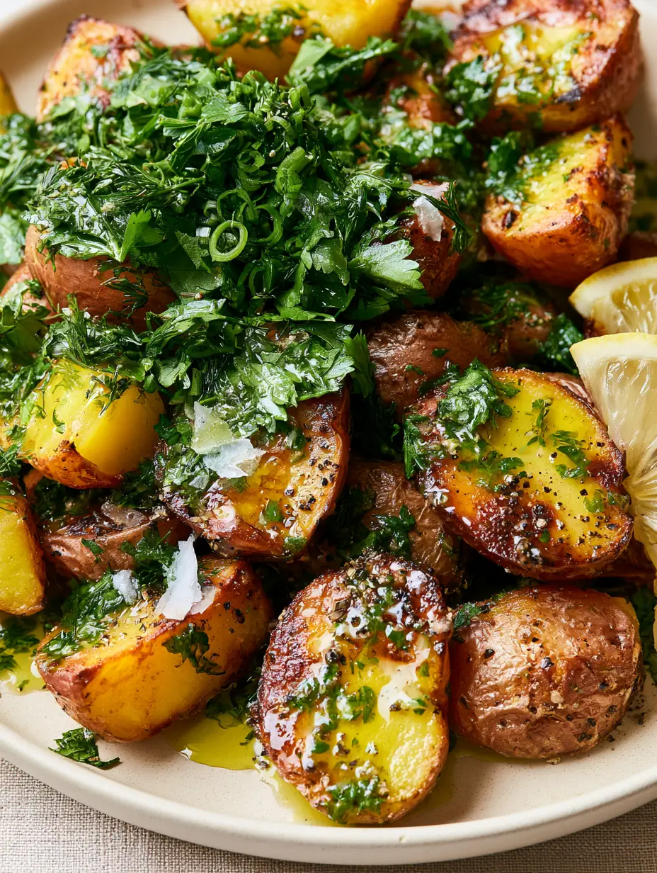 Macro close-up of charred red potatoes with glossy herb oil and flaky salt. (Roasted potato salad recipe)