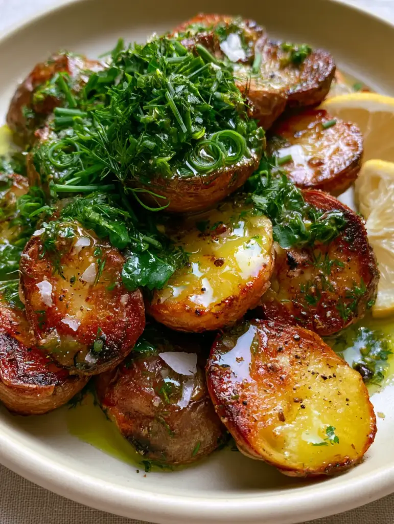 A close-up view of roasted potato halves garnished with dill, chives, and lemon zest. (Roasted potato salad recipe)