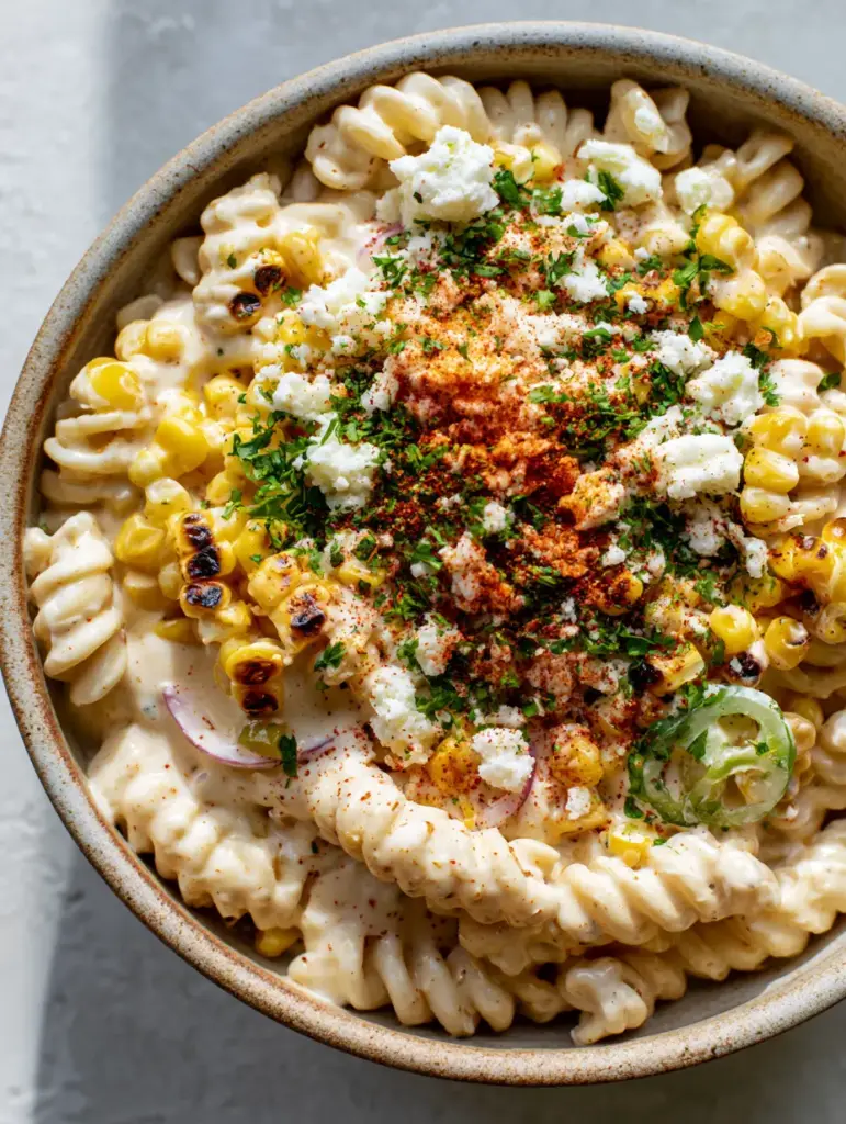 Top-down view of Elote Pasta Salad showing cotija cheese crumbles, cilantro, and red onion slivers.