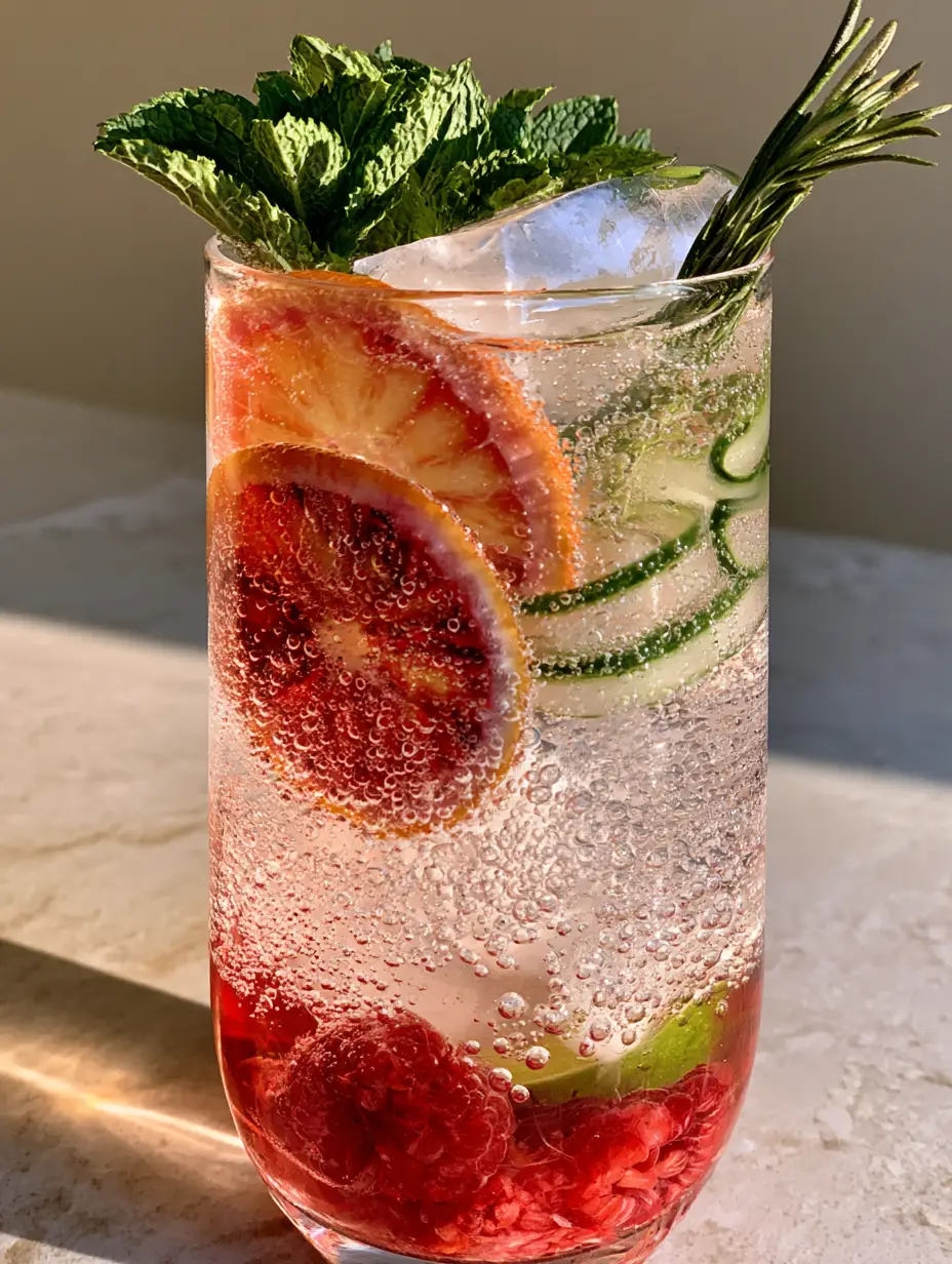 refreshing drink recipe: The Ultimate Sparkling Botanical Raspberry & Blood Orange Mocktail 3 Smartphone photo of a tall glass with muddled raspberries, cucumber ribbons, and blood orange wheels under sunlight. (refreshing drink recipe)