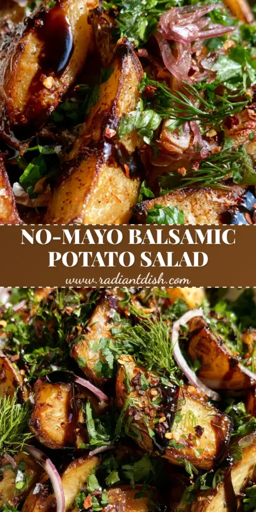 A top-down view of Balsamic Potato Salad in a white bowl with glossy reduction and fresh dill sprigs.