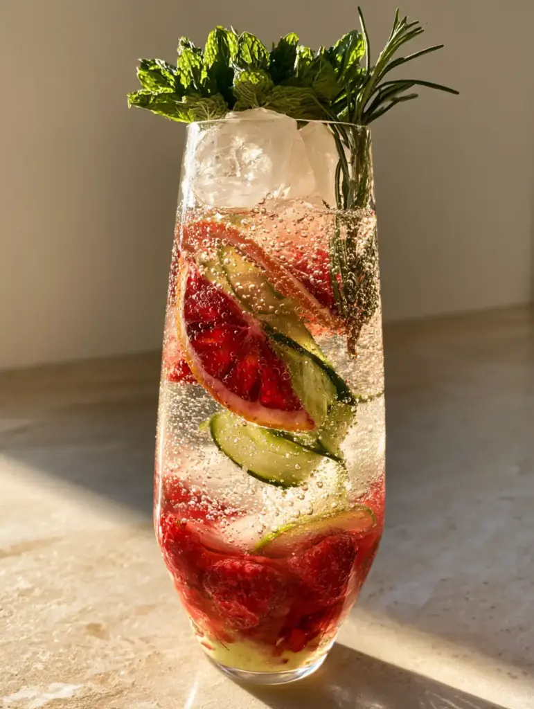 refreshing drink recipe: The Ultimate Sparkling Botanical Raspberry & Blood Orange Mocktail 1 Close up of heavy condensation beads on a fluted glass containing a botanical refreshing drink recipe.