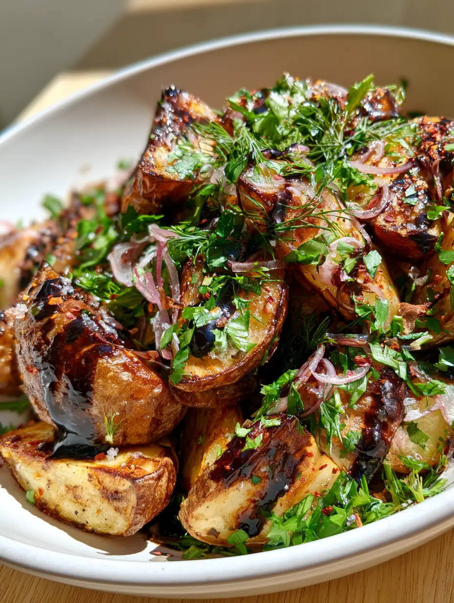 Close-up angled shot of golden roasted potato wedges with crispy skins and thick glossy balsamic glaze. (Balsamic Potato Salad)