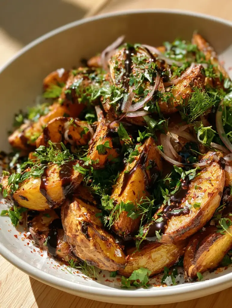 Detailed shot of fresh dill, parsley, and red onion slivers over roasted gold potatoes. (Balsamic Potato Salad)