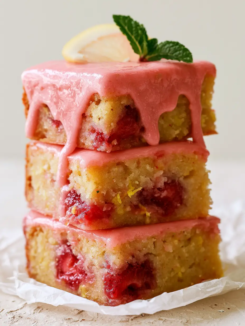 Close-up of Strawberry Lemon Blondies showing the jammy strawberry pieces and dense crumb texture.