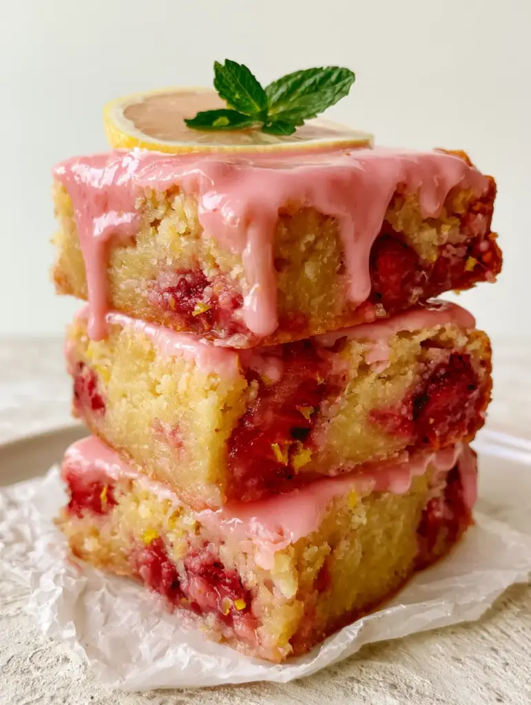 A top-down view of a Strawberry Lemon Blondie with glossy pink glaze dripping down the side.